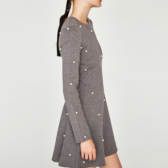 Zara Skater dress with Pearl beads gray grey S small NWT - Picture 7 of 8